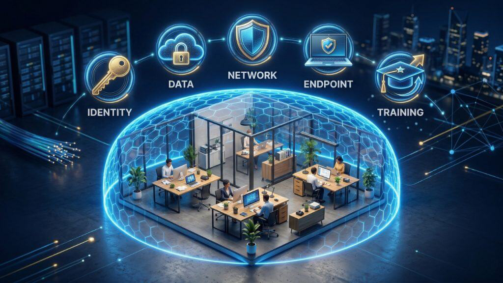 Digital shield protecting a small business office from an automated AI-driven cyberattack.
