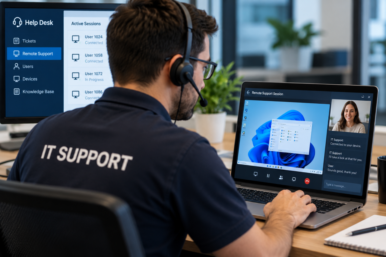 IT provider delivering remote technical support to a client.